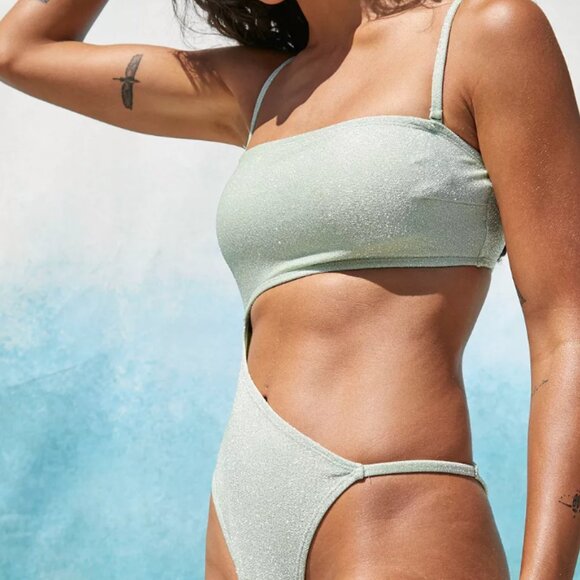 UO Out From Under Sage Green Glimmer Cut Out Swimsuit - Picture 5 of 6